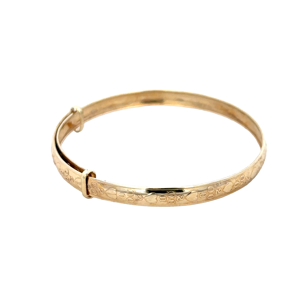9ct yellow gold baby bangle weighing 2g, elegant and simple jewelry piece from Reeves and Sons, displayed on a white background.