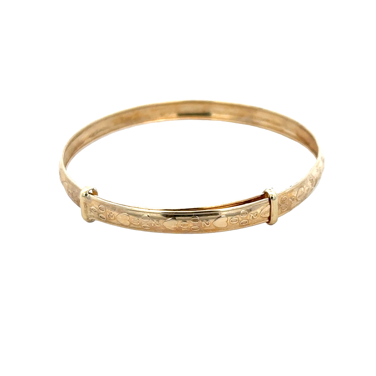 9ct yellow gold baby bangle weighing 2g, designed by Reeves and Sons, featuring a smooth, polished finish.