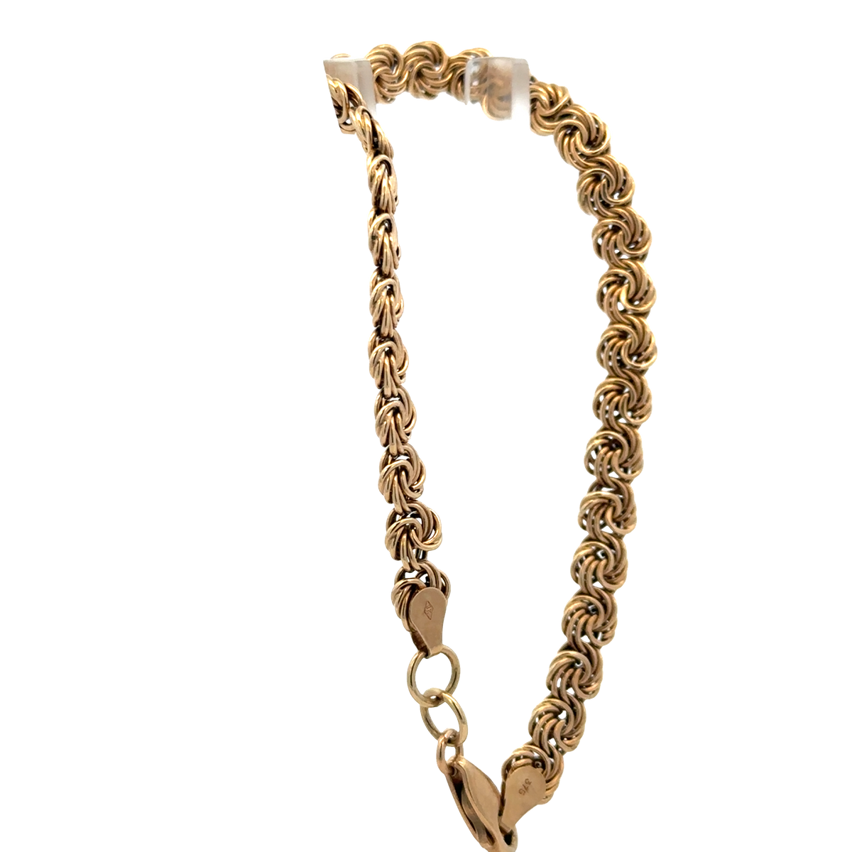 9ct yellow gold bracelet by Reeves and Sons, 4.8g, with intricate link design, shown in close-up image.