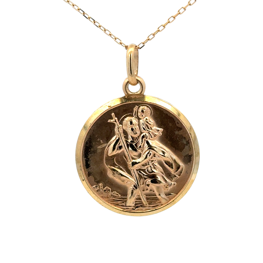 9ct yellow gold St Christopher pendant by Reeves and Sons, detailed religious jewelry with intricate design, weighs 8.6g