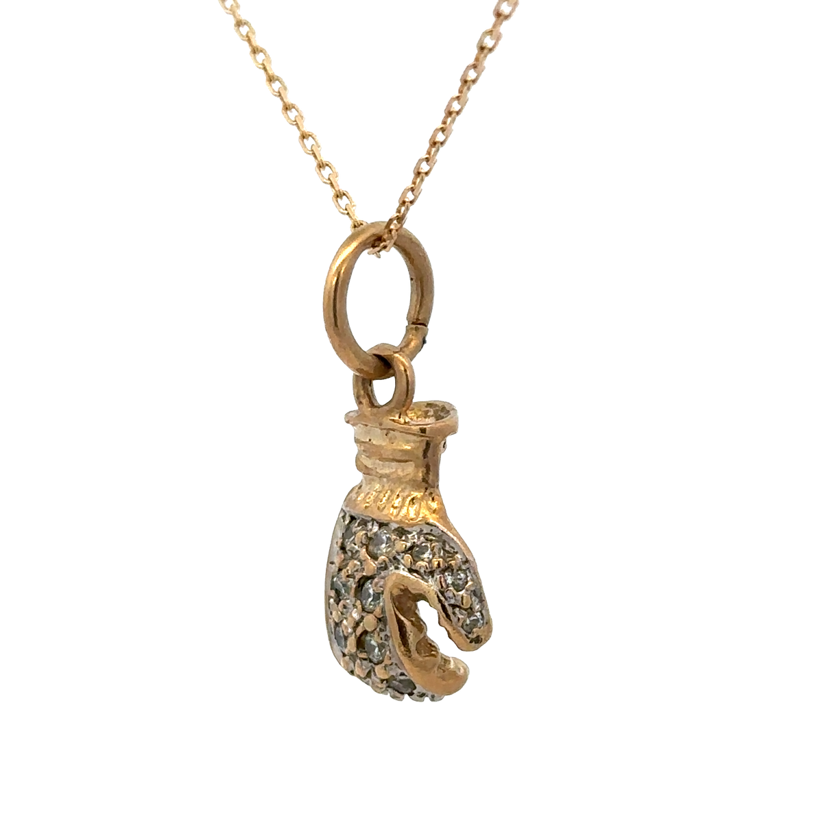 9ct yellow gold boxing glove pendant weighing 5g, detailed Reeves and Sons jewelry pendant on a plain background.