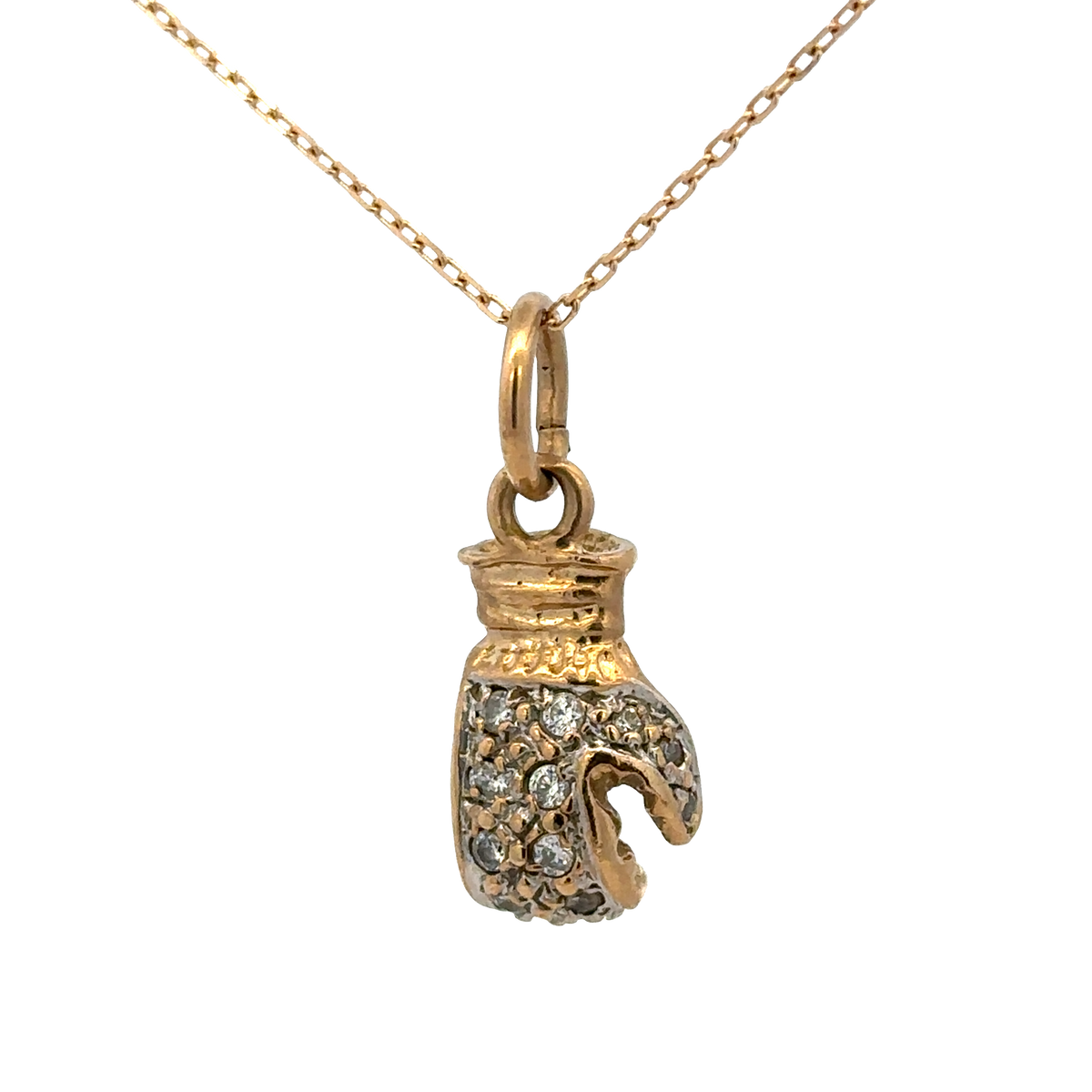 9ct yellow gold boxing glove pendant weighing 5g, Reeves and Sons jewelry, detailed close-up of the pendant on a plain background.