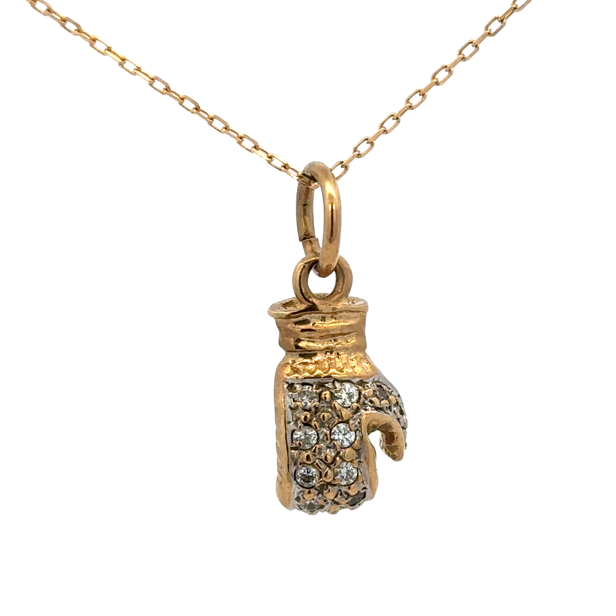 9ct yellow gold boxing glove pendant by Reeves and Sons, showcasing a detailed gold pendant with a weight of 5g on a plain background.