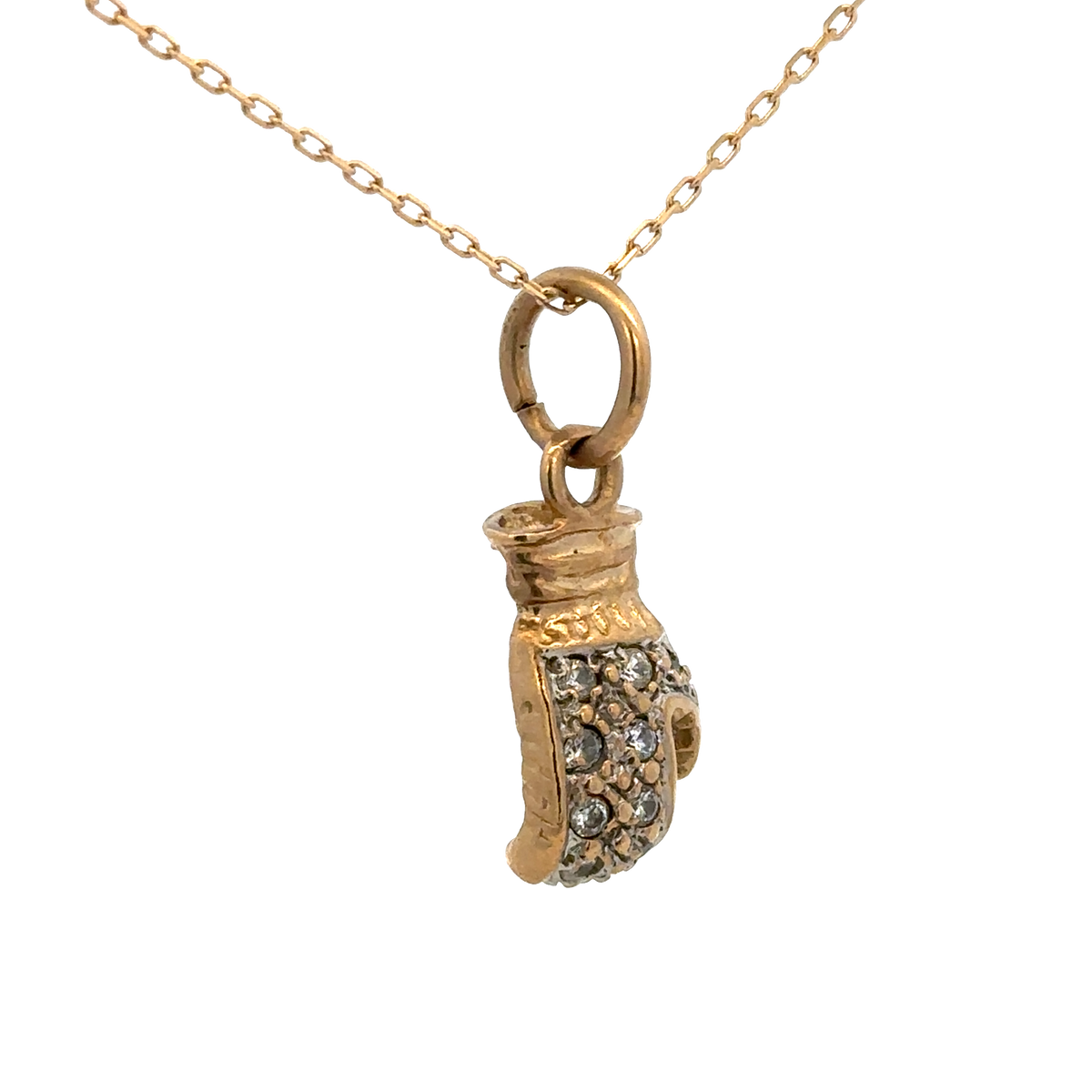 9ct yellow gold boxing glove pendant weighing 5g, featuring detailed craftsmanship, from Reeves and Sons.
