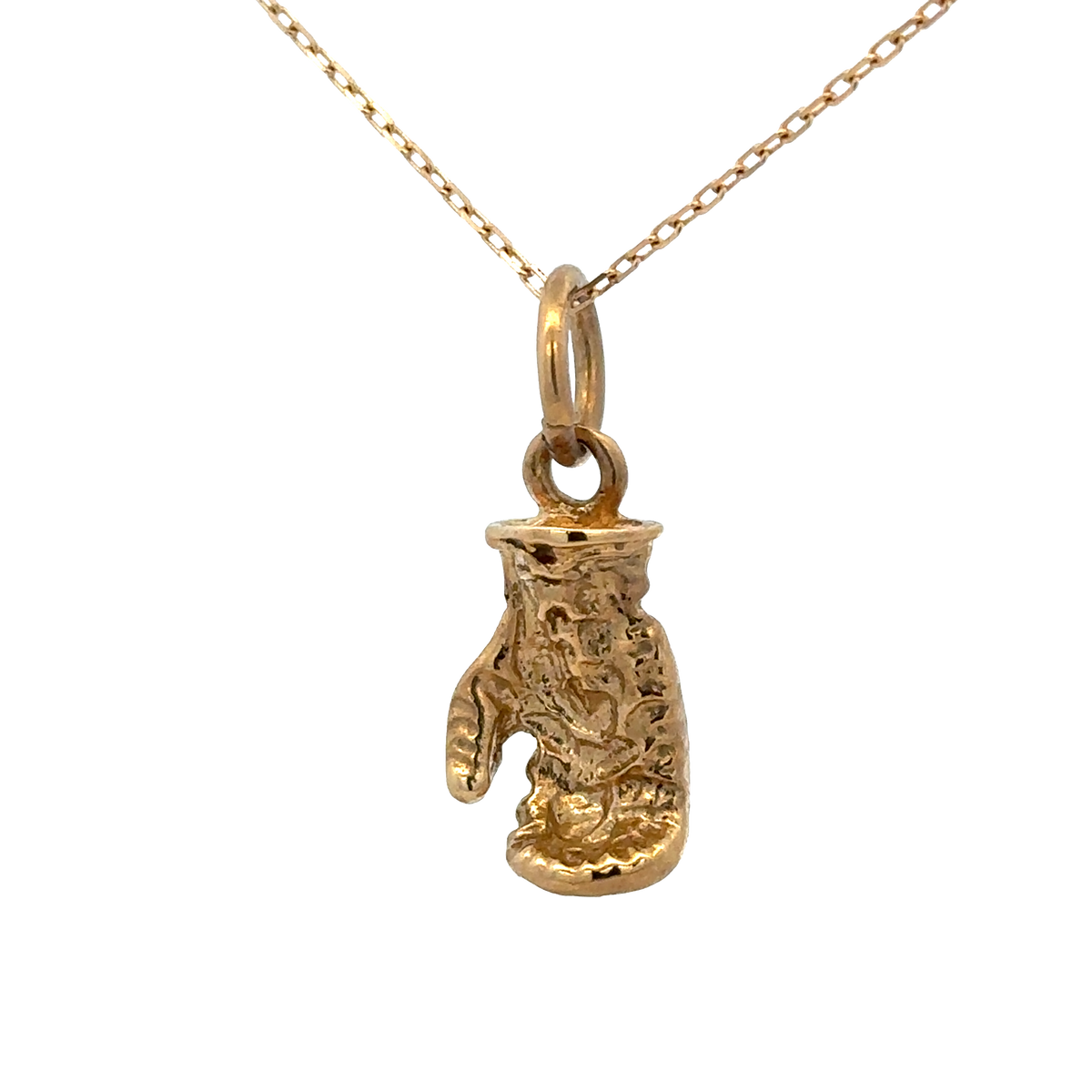 9ct yellow gold boxing glove pendant, Reeves and Sons, 5g, detailed jewelry pendant with textured boxing glove design.