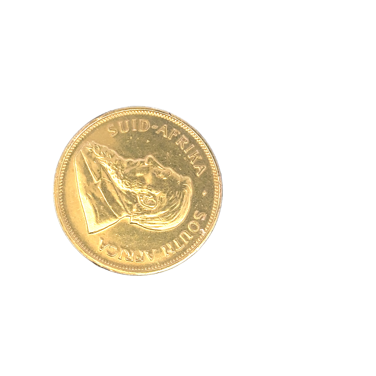 Gold Krugerrand coin from 1974, 33.9g, featuring iconic design, issued by Reeves and Sons, close-up of coin's detailed surface.