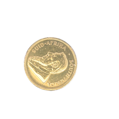 Gold Krugerrand coin from 1974, weighing 33.9g, featuring iconic South African design, issued by Reeves and Sons.