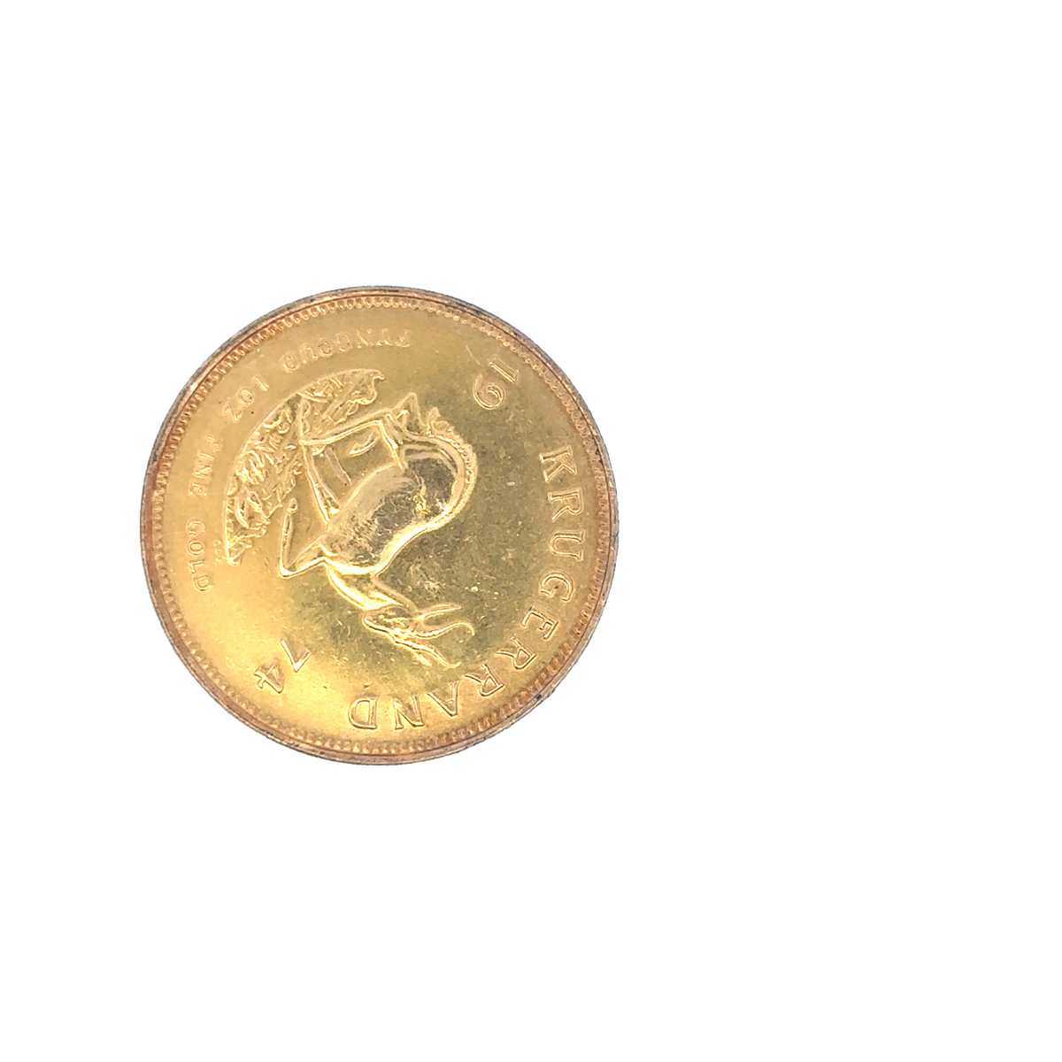 Gold Krugerrand coin from 1974, weighing 33.9g, featuring detailed design, issued by Reeves and Sons, showcasing its obverse side.