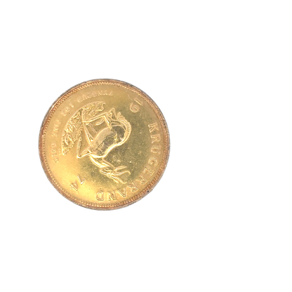 Gold Krugerrand coin from 1974, weighing 33.9g, featuring detailed design, issued by Reeves and Sons, showcasing its obverse side.