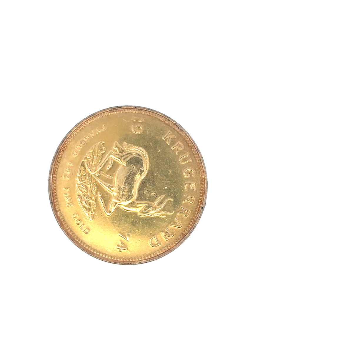 Gold Krugerrand coin from 1974, weighing 33.9g, with detailed coin design, issued by Reeves and Sons.
