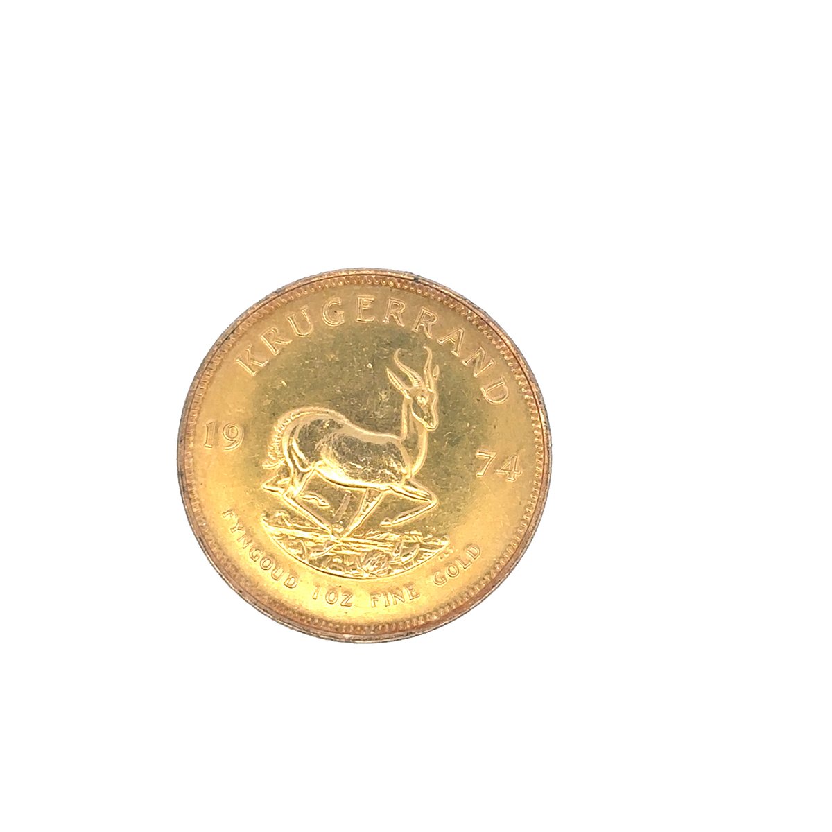 Gold Krugerrand coin from 1974, 33.9g, featuring detailed design, issued by Reeves and Sons.