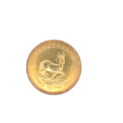 Gold Krugerrand coin from 1974, 33.9g, featuring detailed design, issued by Reeves and Sons.