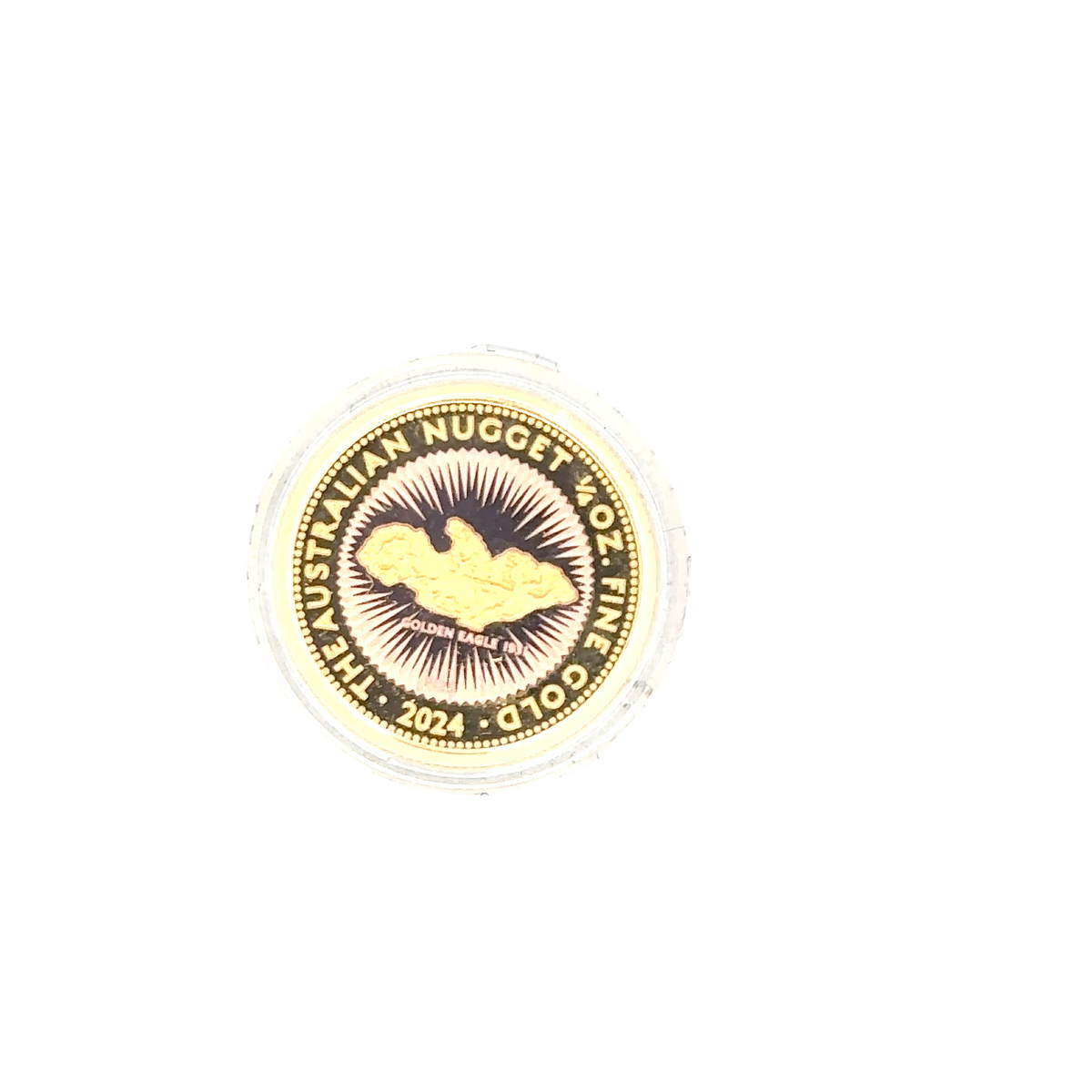2024 Australian gold nugget coin by Reeves and Sons, 1/4 ounce 7.78g with detailed gold nugget design and branding.