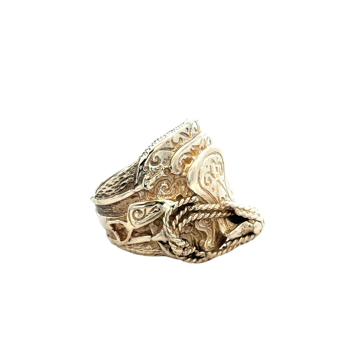 9ct yellow gold saddle ring in size T1/2, featuring smooth, polished band with detailed craftsmanship by Reeves and Sons.