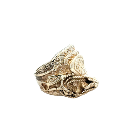 9ct yellow gold saddle ring in size T1/2, featuring smooth, polished band with detailed craftsmanship by Reeves and Sons.