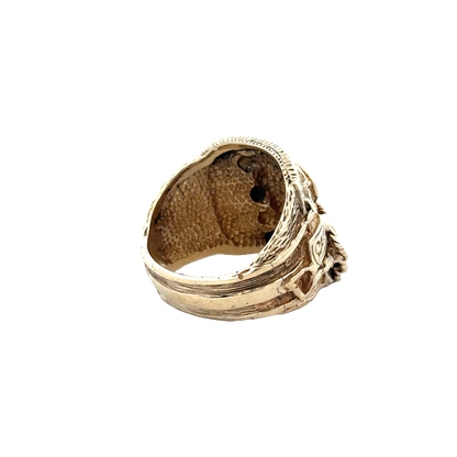 9ct yellow gold saddle ring, size T1/2, Reeves and Sons, close-up of polished gold band with smooth saddle design.