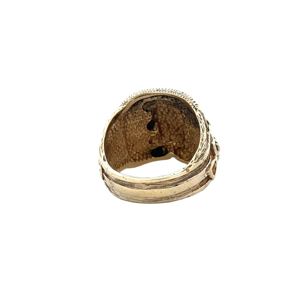 9ct yellow gold saddle ring size T1/2, featuring a smooth, polished band with subtle detailing, crafted by Reeves and Sons.