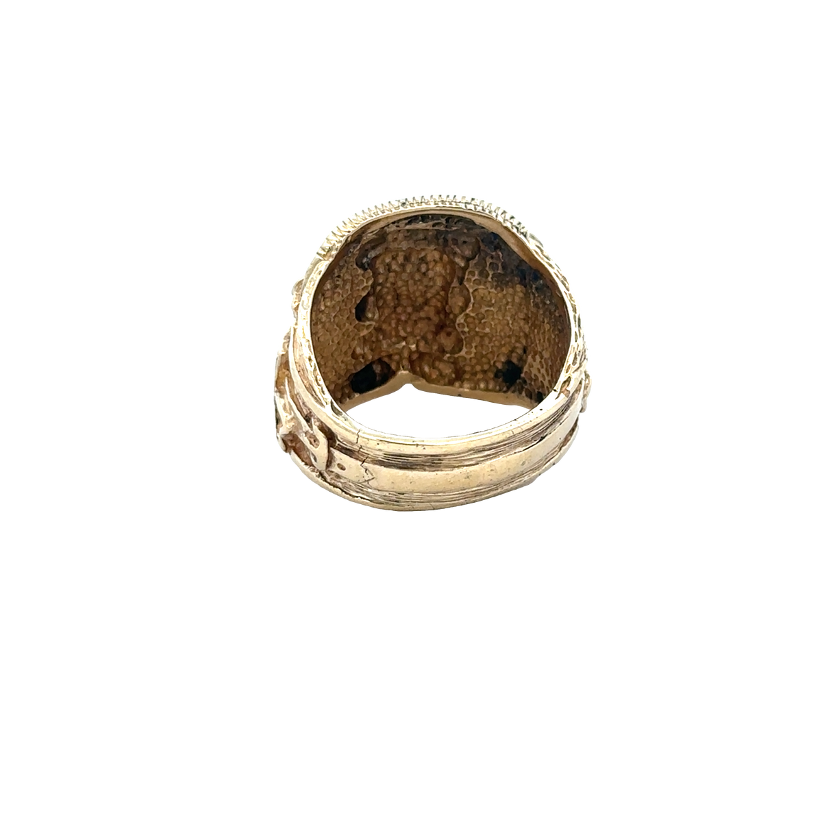 9ct yellow gold saddle ring size T1/2 by Reeves and Sons, close-up of smooth gold band with polished finish.