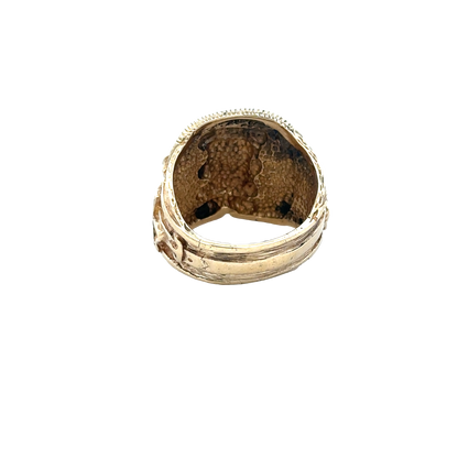 9ct yellow gold saddle ring size T1/2 by Reeves and Sons, close-up of smooth gold band with polished finish.