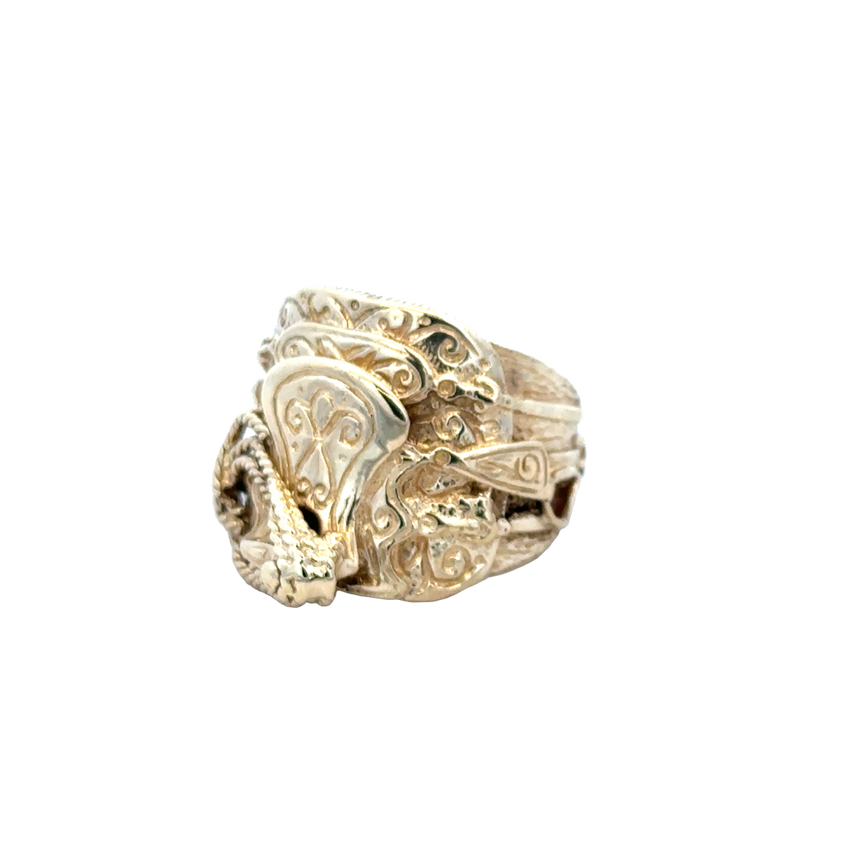 9ct yellow gold saddle ring in size T1/2 with smooth polished finish, crafted by Reeves and Sons.