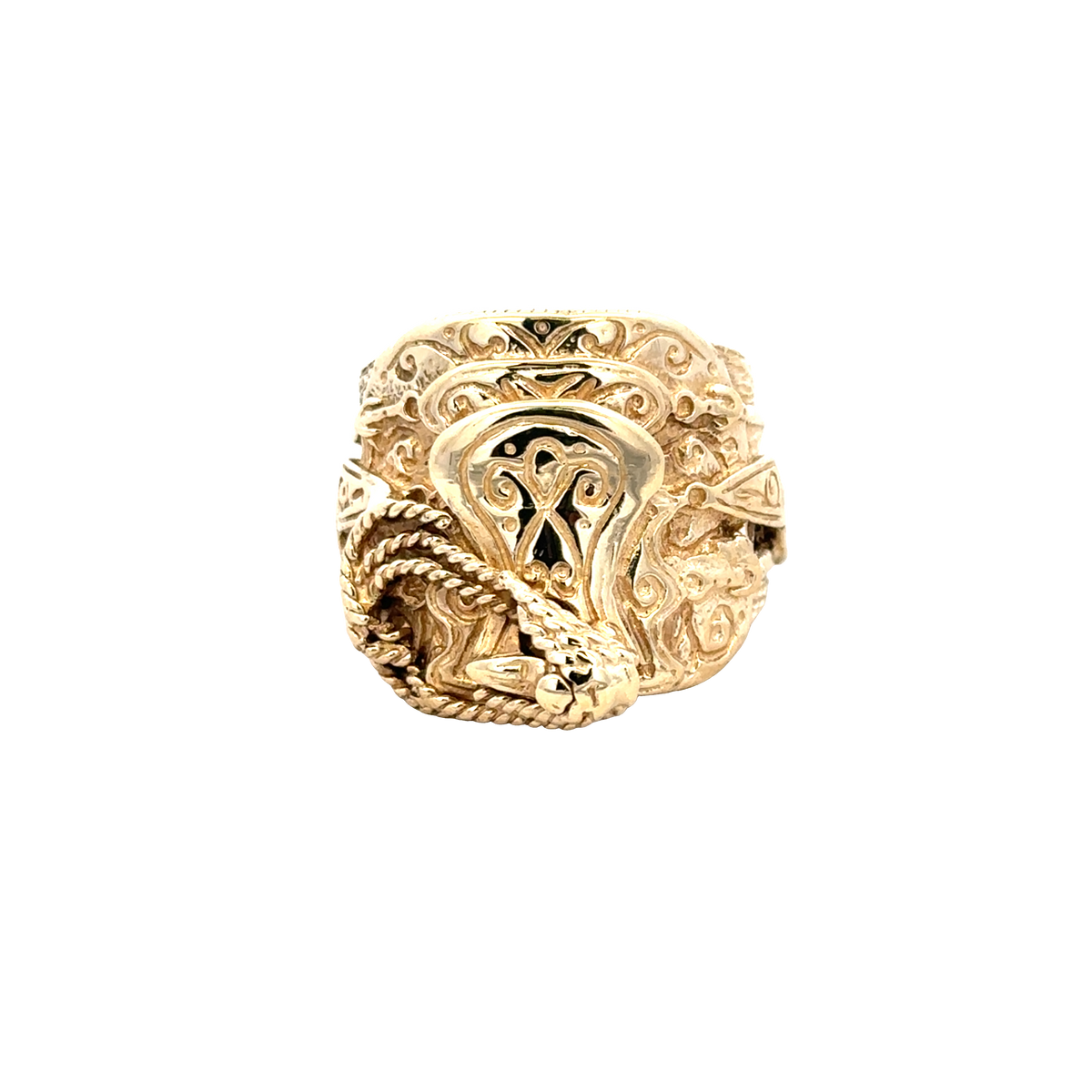 9ct yellow gold saddle ring size T1/2 by Reeves and Sons, close-up of polished gold band with smooth saddle design.