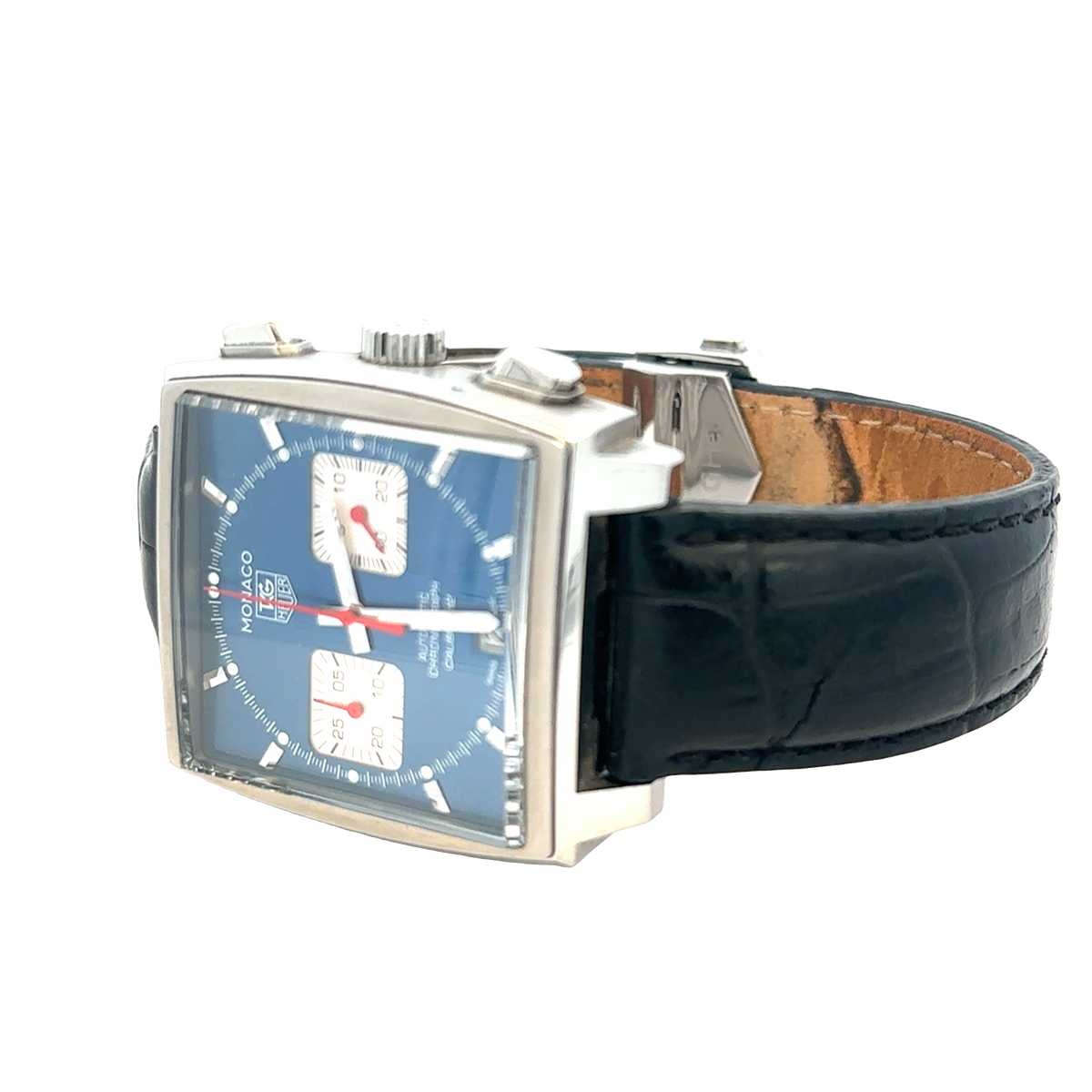 Reeves and Sons Tag Heuer Monaco automatic chronograph watch with black dial and silver case, detailed close-up image of the luxury timepiece.