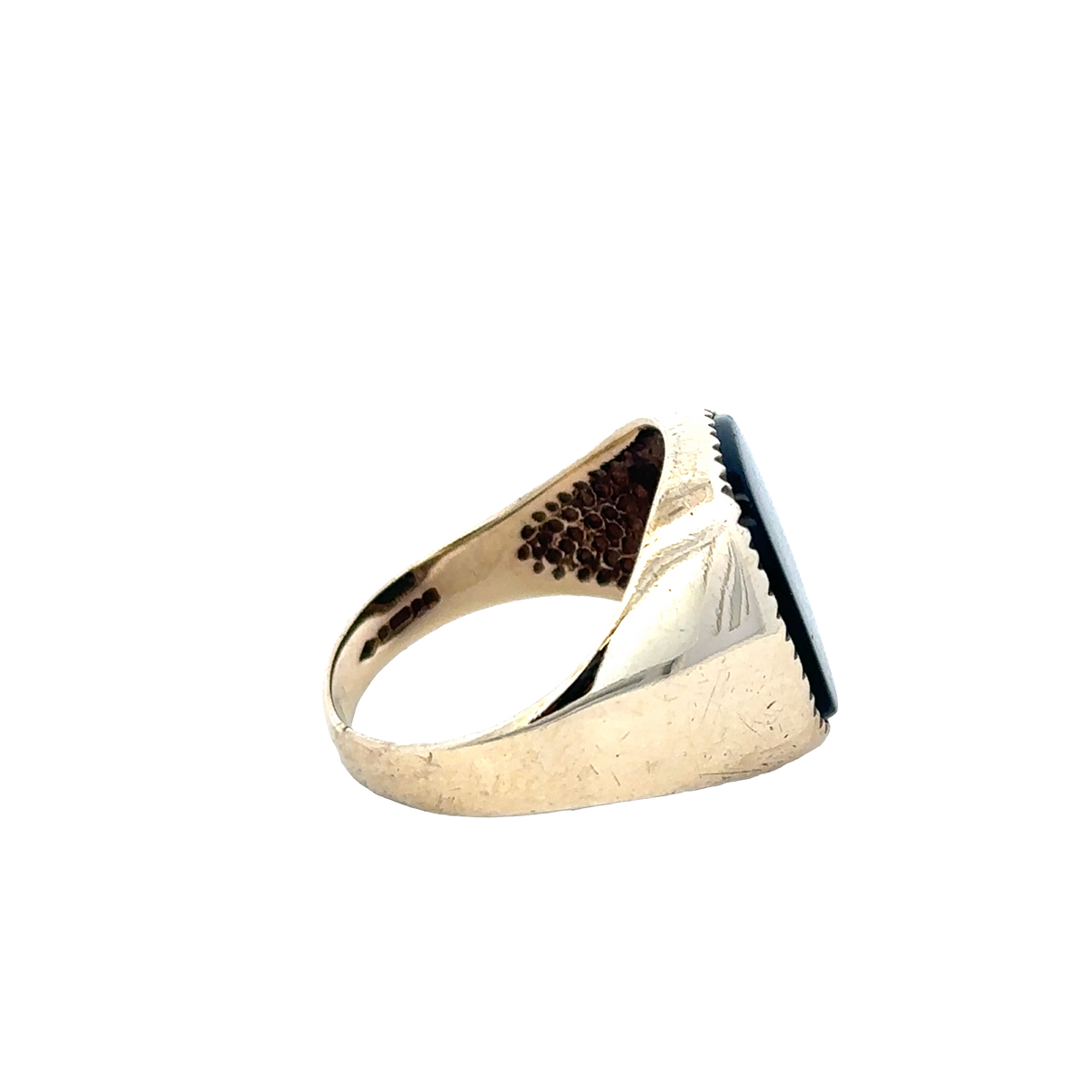 9ct yellow gold signet ring in size P with engraved face, crafted by Reeves and Sons, displayed on a neutral background.