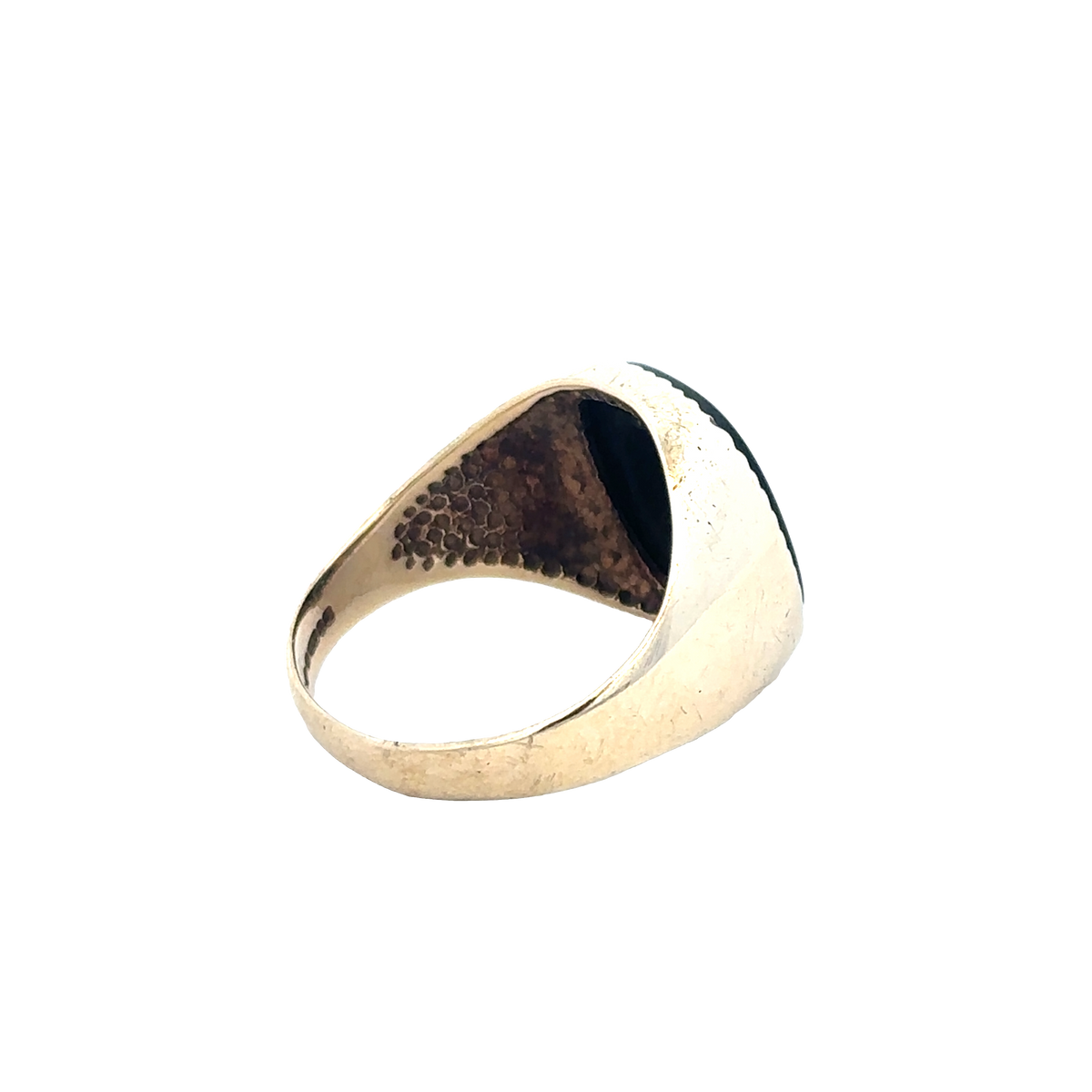 9ct yellow gold signet ring in size P with engraved design, crafted by Reeves and Sons, shown in close-up detail.