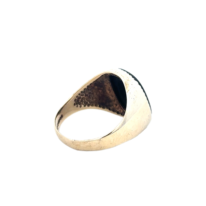 9ct yellow gold signet ring in size P with engraved design, crafted by Reeves and Sons, shown in close-up detail.