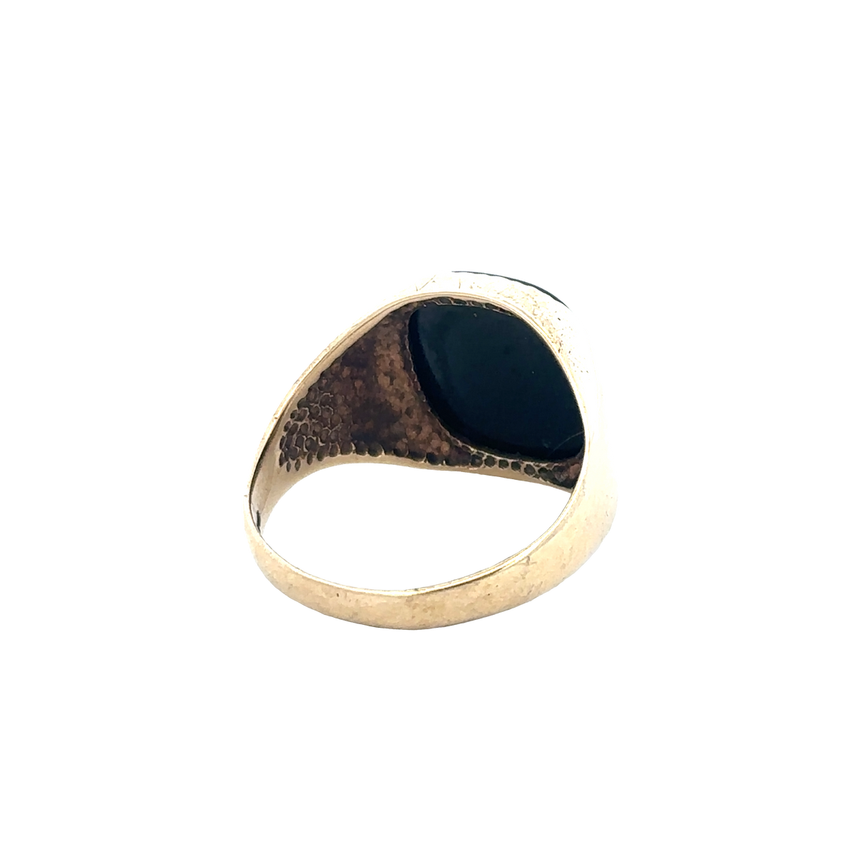 9ct yellow gold signet ring with a polished finish, size P, by Reeves and Sons, displayed on a plain background.