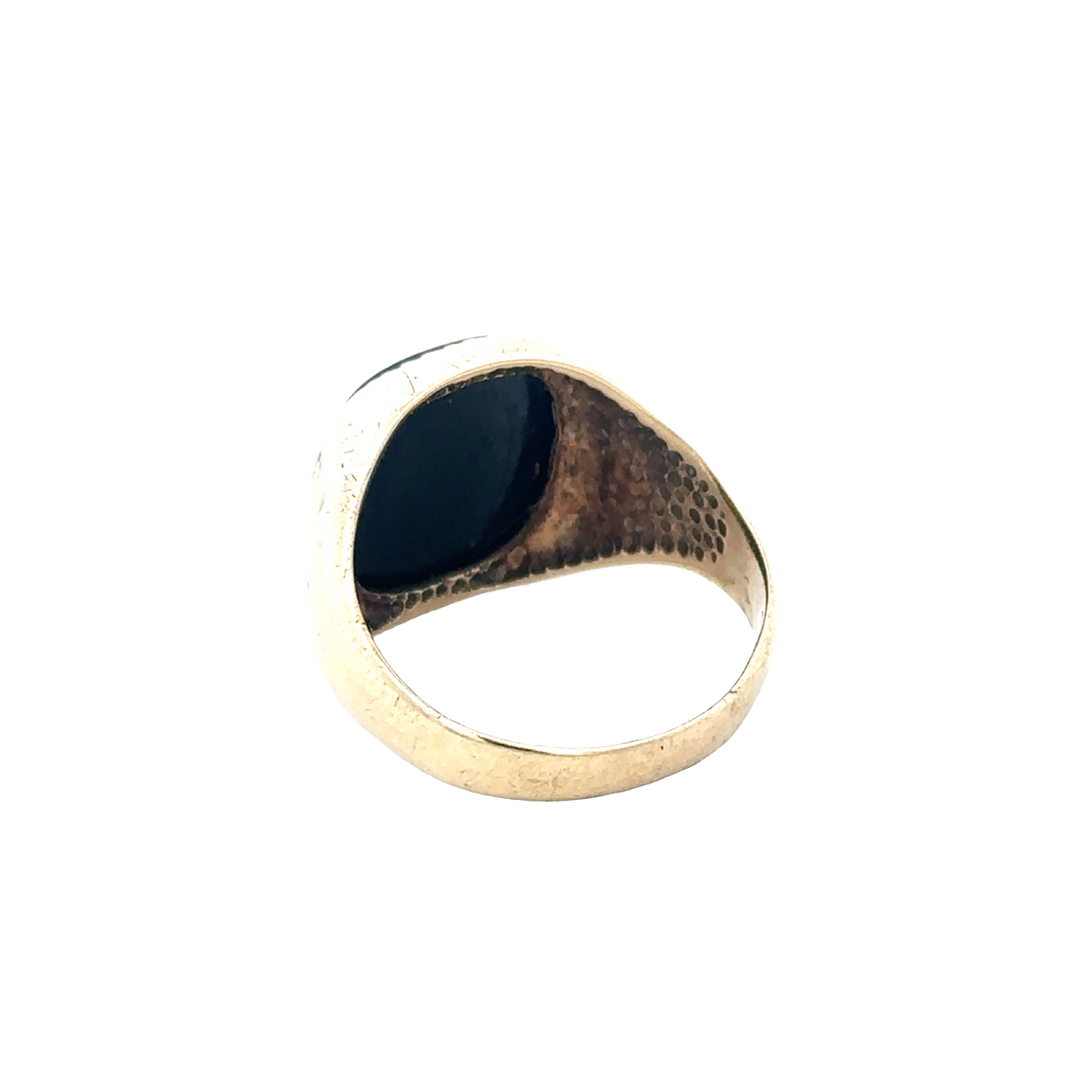 9ct yellow gold signet ring in size P by Reeves and Sons, featuring a smooth, polished surface and classic design.
