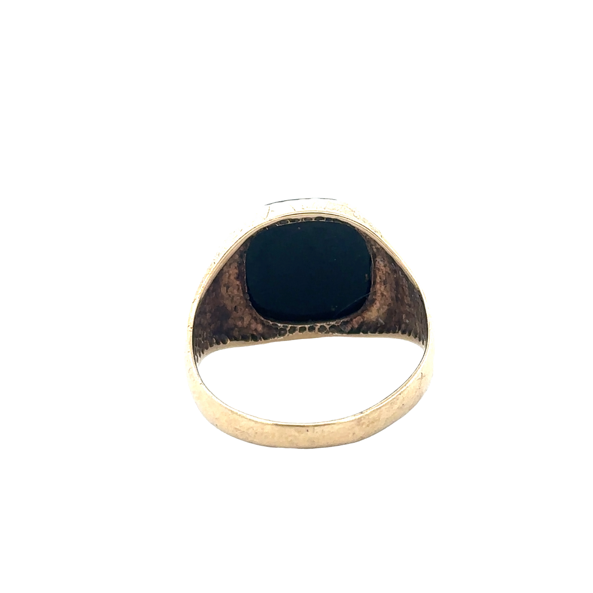 9ct yellow gold signet ring in size P with engraved smooth face, crafted by Reeves and Sons.