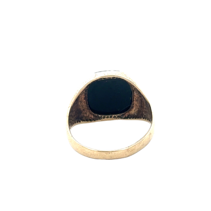 9ct yellow gold signet ring in size P with engraved smooth face, crafted by Reeves and Sons.