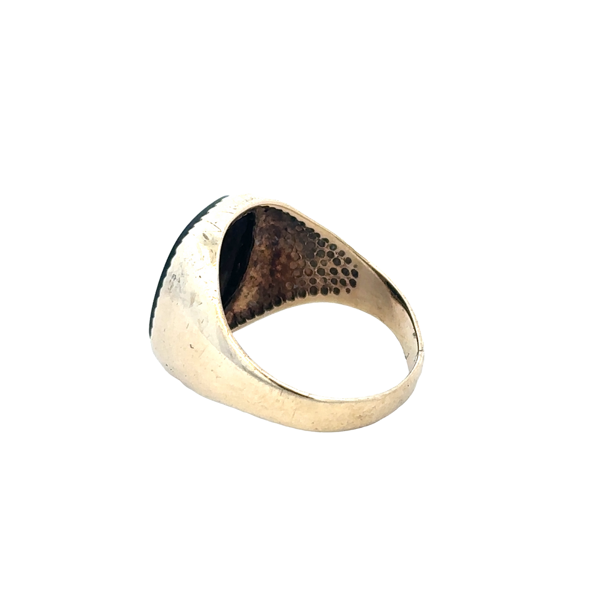 9ct yellow gold signet ring in size P with Reeves and Sons branding, featuring a smooth polished surface and classic design.