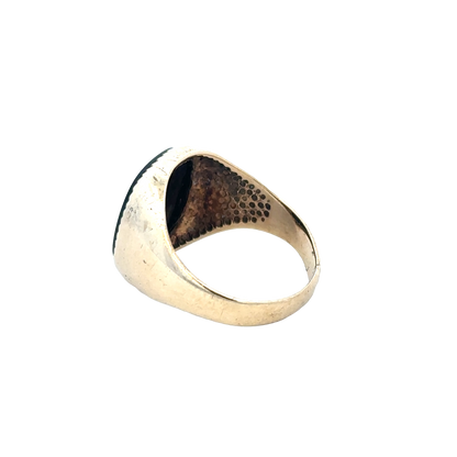 9ct yellow gold signet ring in size P with Reeves and Sons branding, featuring a smooth polished surface and classic design.