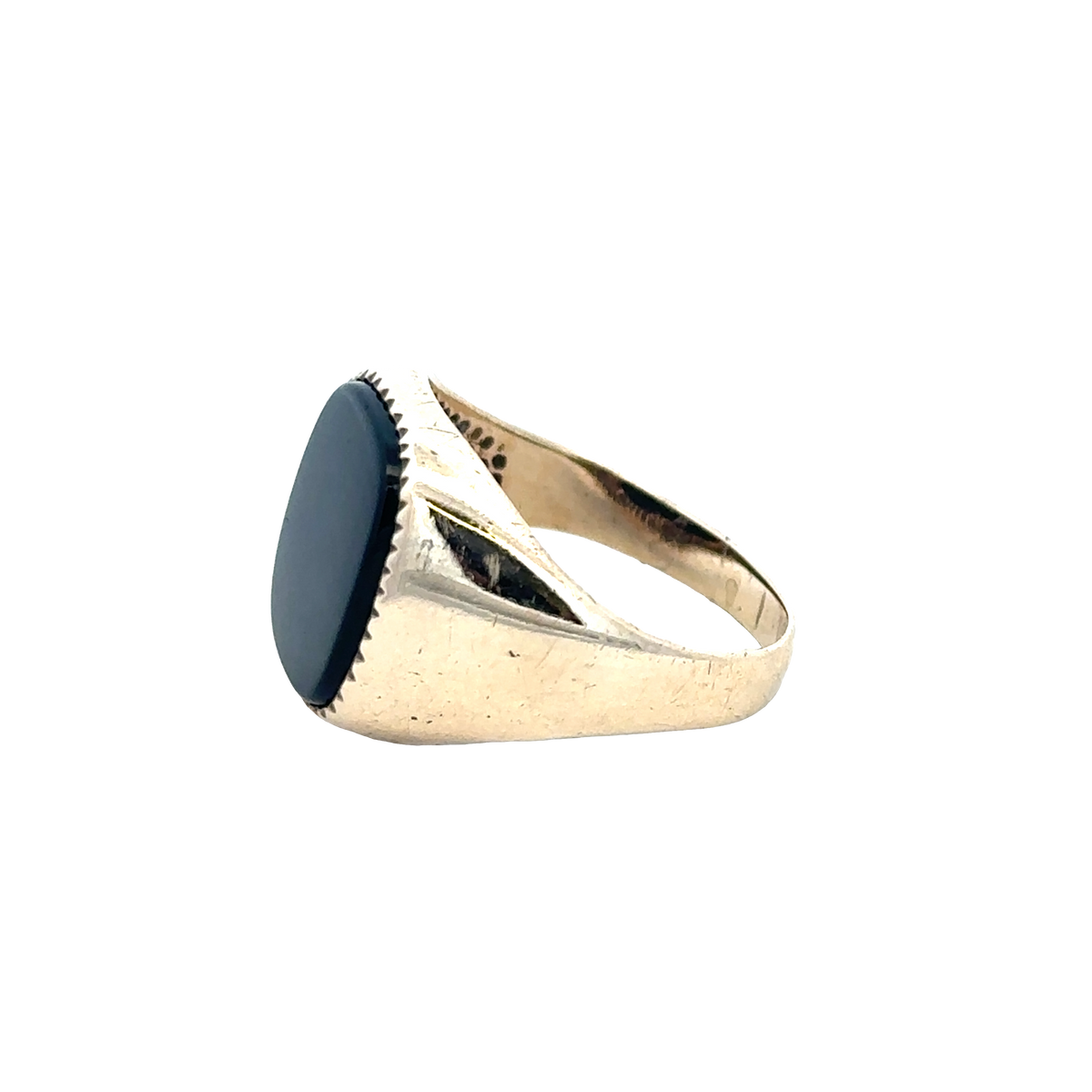 9ct yellow gold signet ring in size P by Reeves and Sons, featuring a smooth polished surface and classic design.