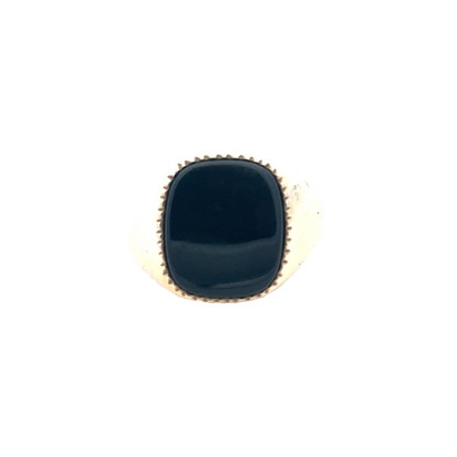 9ct yellow gold signet ring in size P with smooth polished finish, crafted by Reeves and Sons.