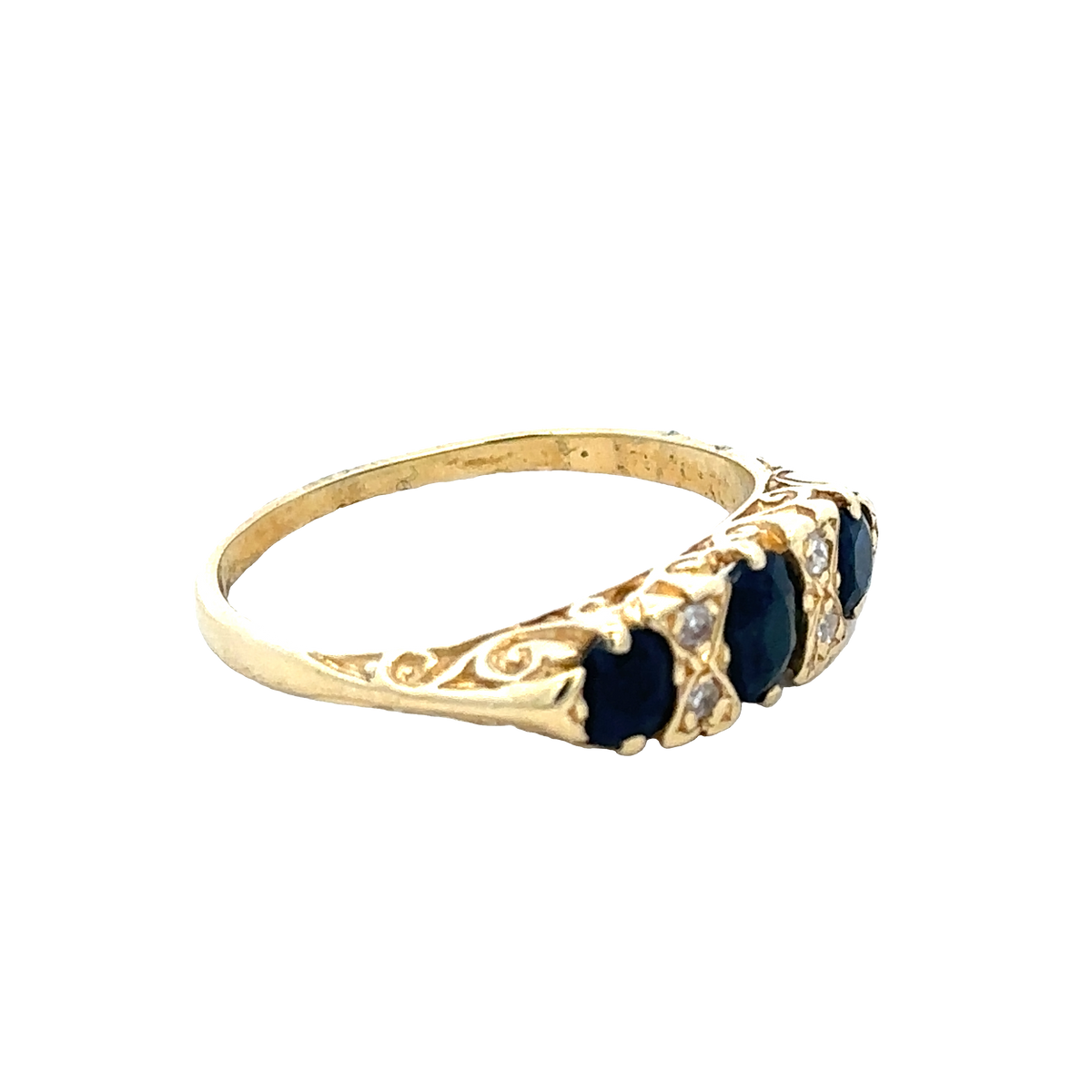 18ct sapphire and diamond ring by Reeves and Sons, size M, featuring a central sapphire surrounded by sparkling diamonds.
