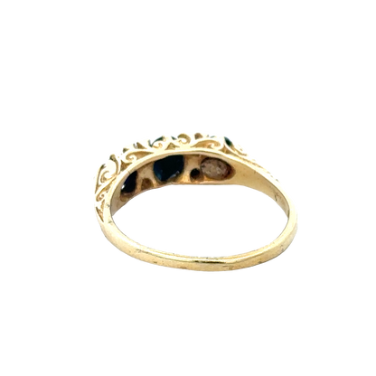 18ct sapphire and diamond ring by Reeves and Sons, size M, featuring a central sapphire surrounded by diamonds.