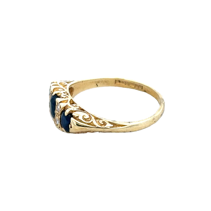 18ct sapphire and diamond ring by Reeves and Sons, size M, featuring a central sapphire gemstone with diamond accents.