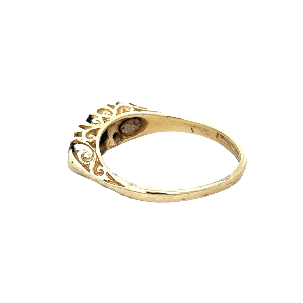18ct sapphire and diamond ring in size M by Reeves and Sons, showcasing a detailed view of the elegant gemstone and band design.