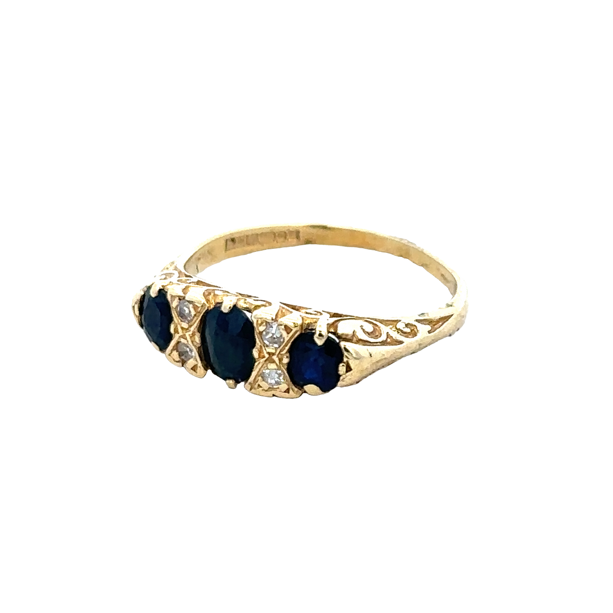 18ct sapphire and diamond ring by Reeves and Sons, size M, featuring a central sapphire surrounded by sparkling diamonds.
