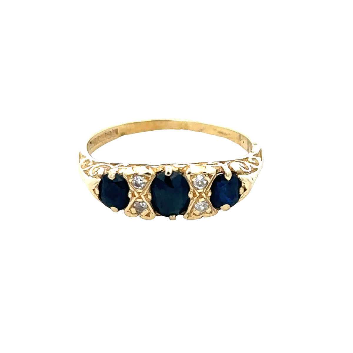 18ct sapphire and diamond ring in size M by Reeves and Sons, featuring a central sapphire gemstone with surrounding diamonds.