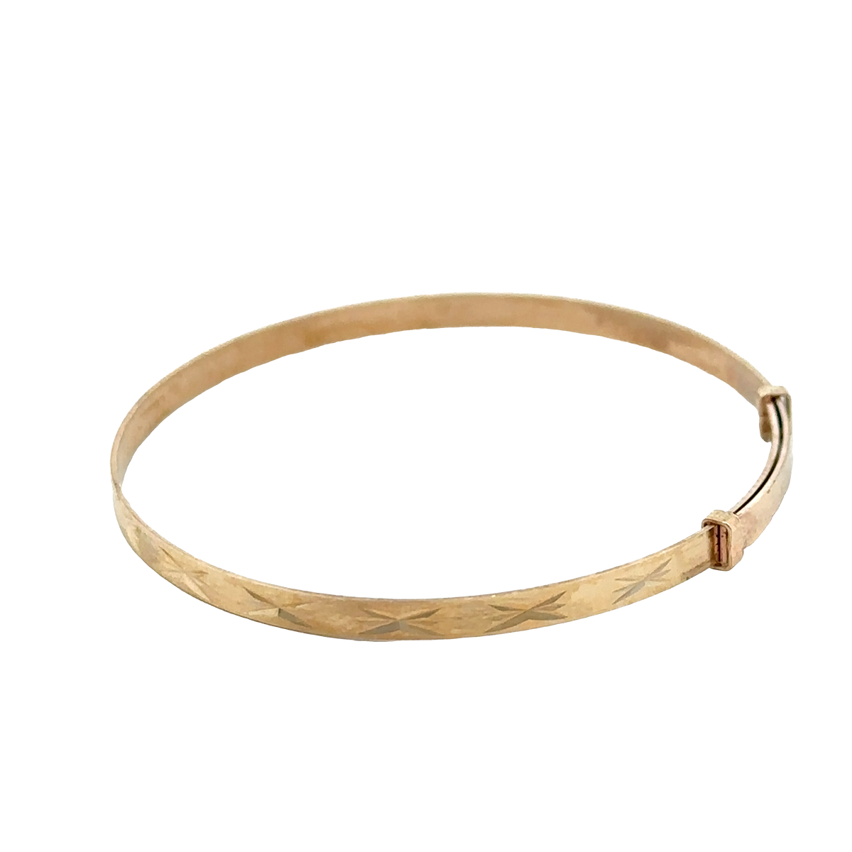 9ct yellow gold baby bangle with delicate design from Reeves and Sons, weighing 1.8g, shown in close-up image
