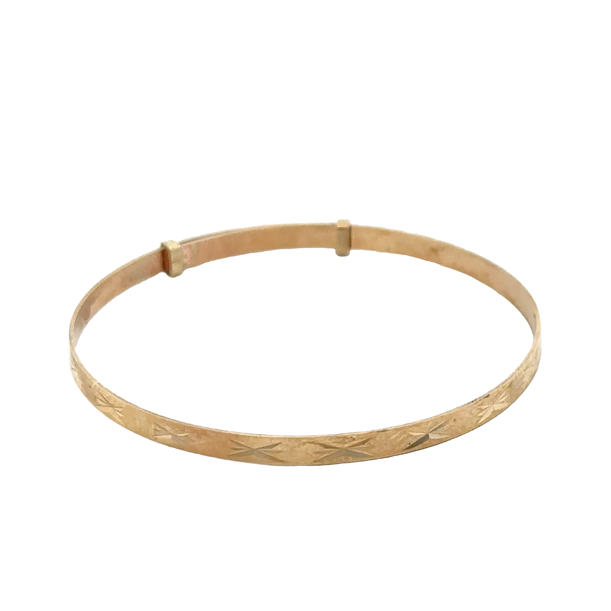 9ct yellow gold baby bangle with a delicate design, weighing 1.8g, made by Reeves and Sons.