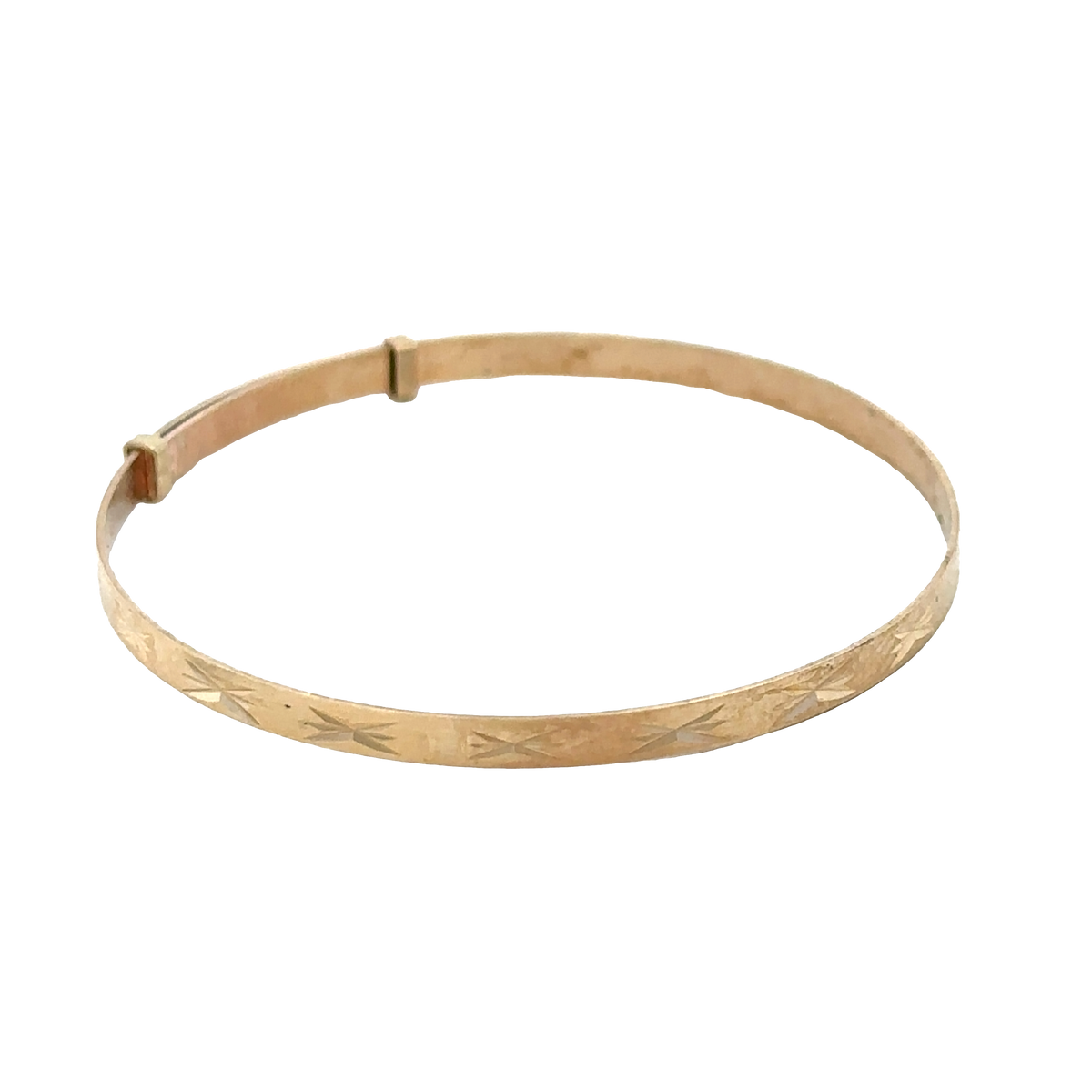 9ct yellow gold baby bangle with delicate design, weighing 1.8g, from Reeves and Sons.