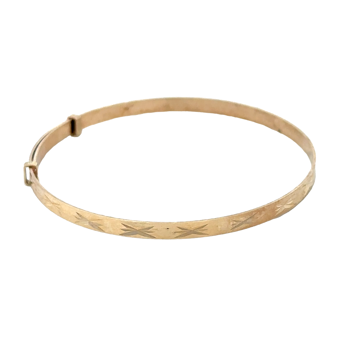 9ct yellow gold baby bangle with delicate design, weighing 1.8g, by Reeves and Sons, shown in a close-up image.