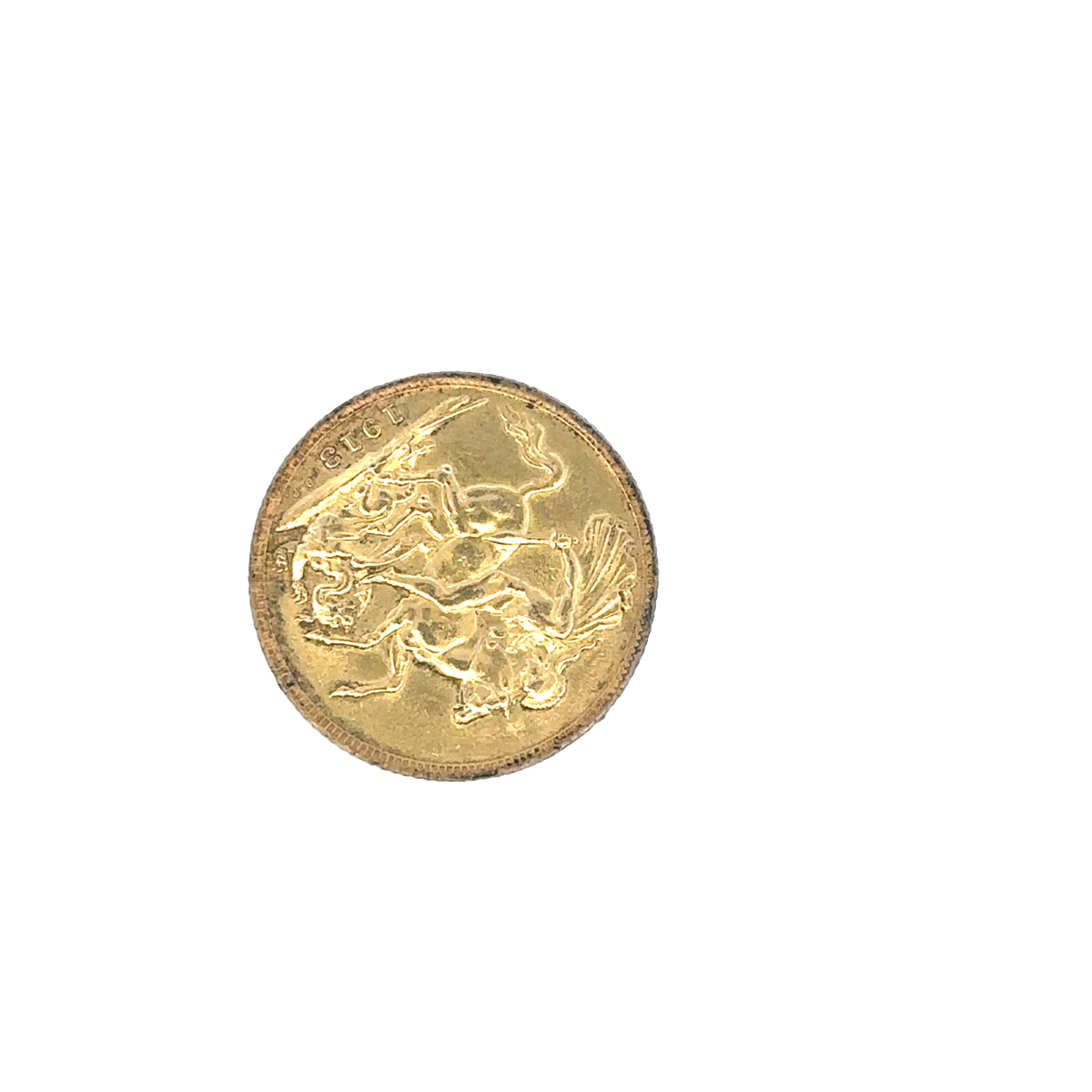 1913 Reeves and Sons full sovereign coin, 8g, featuring historical design and detailed engravings on a shiny gold finish.