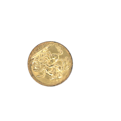 1913 Reeves and Sons full sovereign coin, 8g, featuring historical design and detailed engravings on a shiny gold finish.