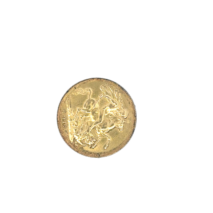 1913 Reeves and Sons 8g full sovereign coin, gold-colored with detailed design, seen from a side angle.